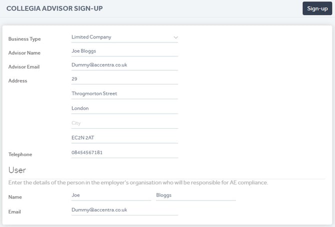 Collegia AdvisorSignup screen